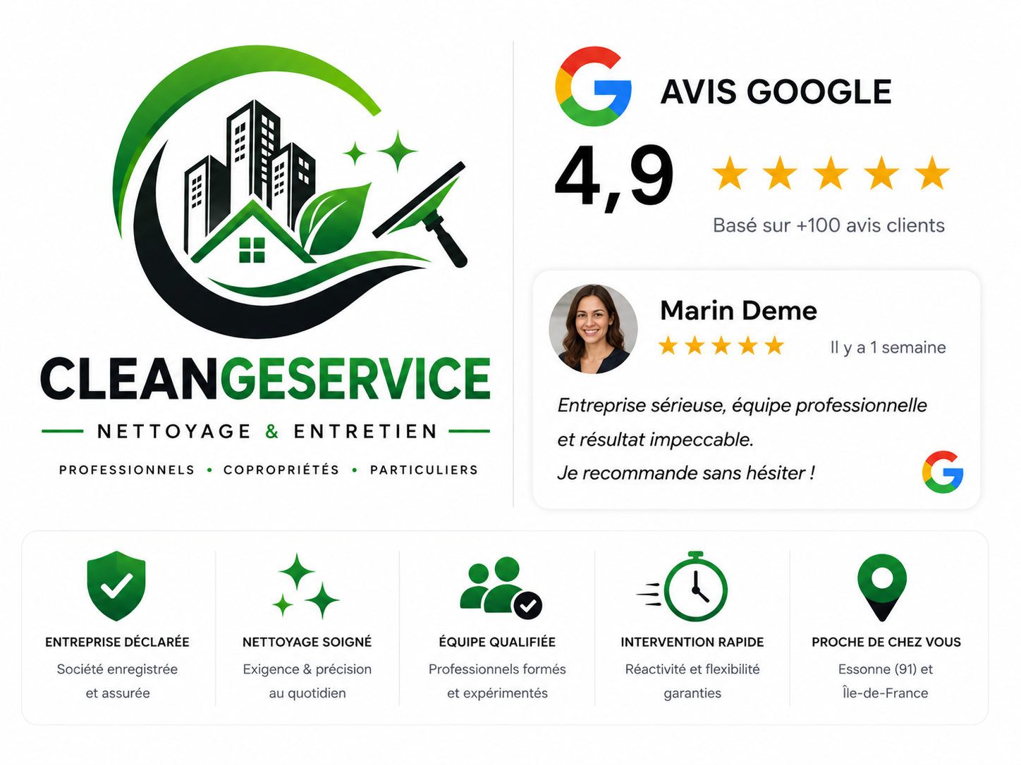 Avis Google CLEANGESERVICE : 4,9 sur 5 basé sur plus de 100 avis clients